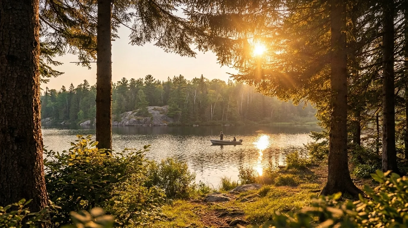 Golden sunset over the lake at Lac du Bonnet with a fishing boat on the water