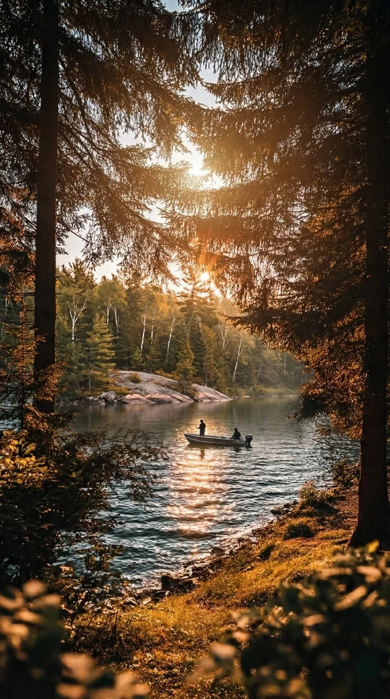Golden sunset over the lake at Lac du Bonnet with a fishing boat on the water